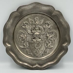 KR Roelen Tin BV Coat Of Arms Crown Shield w/ Lion Sword & Scale Pewter Plate